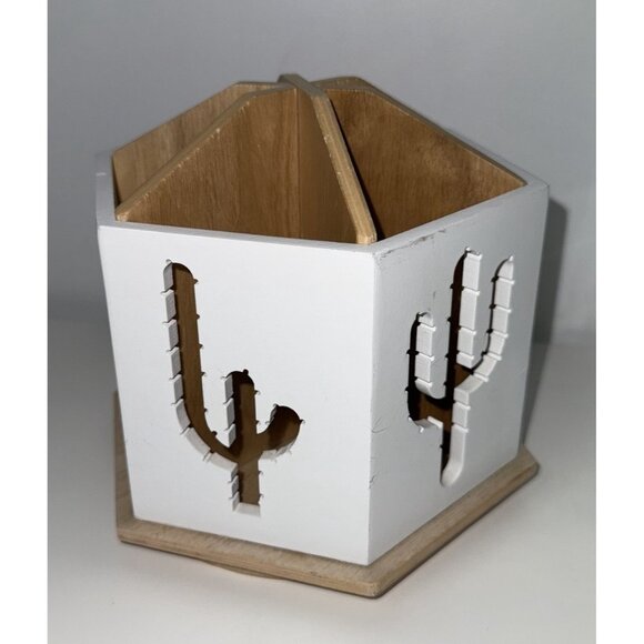 White Wood Spinning Desk Organizer 6 Sections Cactus Cutouts Pen Pencil Holder - Picture 2 of 7